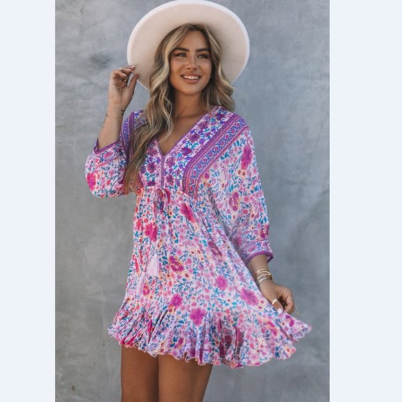 Bohemian Ruffle Hem Drawstring Waist Mini Dress - Picture 2 of 6